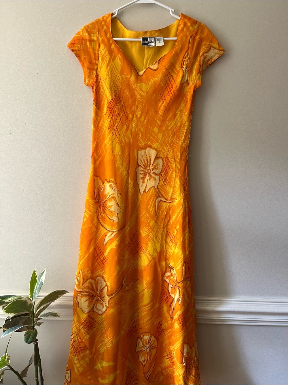 Vintage 90s Tropical Orange Floral V-Neck Maxi Dress short sleeve size medium